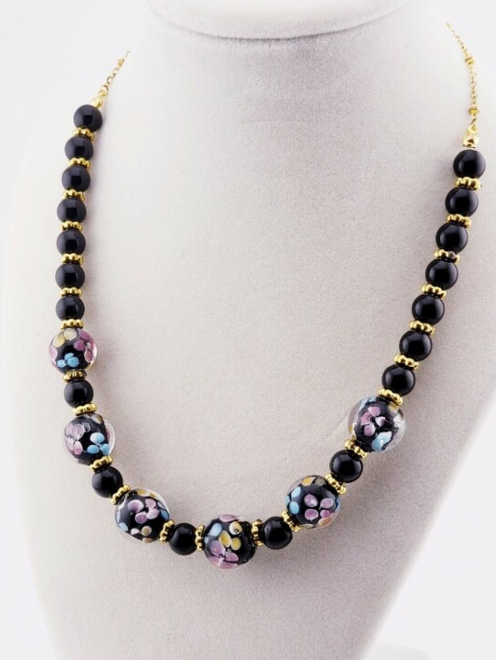 Black Glass Floral Beaded Statement Necklace